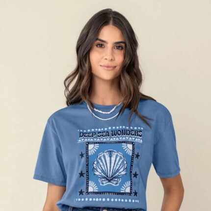 Blusa suelta estampada con cuello redondo azul